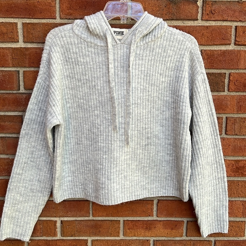 PINK Victoria’s Secret Ribbed Knit Hooded Pullover Sweater size XS Boxy Relaxed